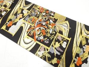 尾長鳥に枝垂れ桜・藤・桐模様織り出し　袋帯